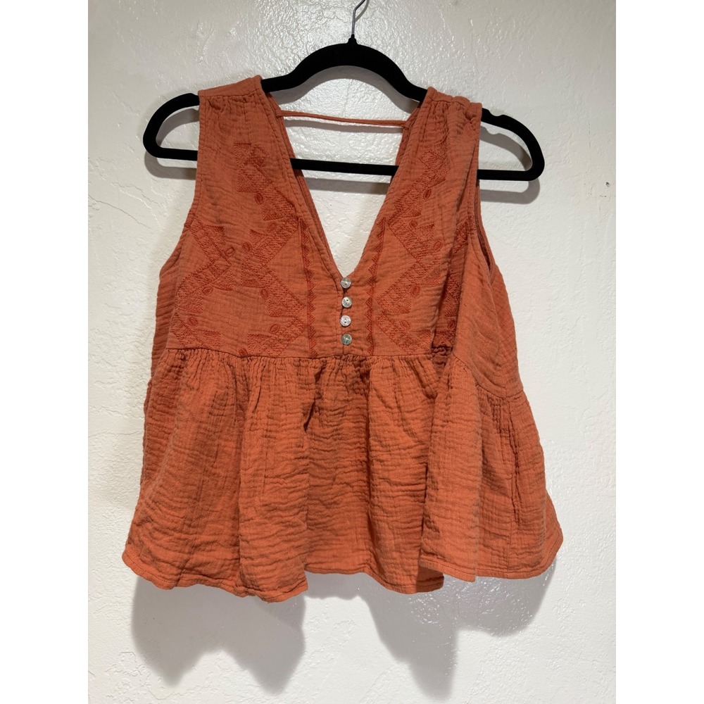 Cider Burnt Orange Embroidered Gauze Babydoll Peplum Top V-Neck Sleeveless Large